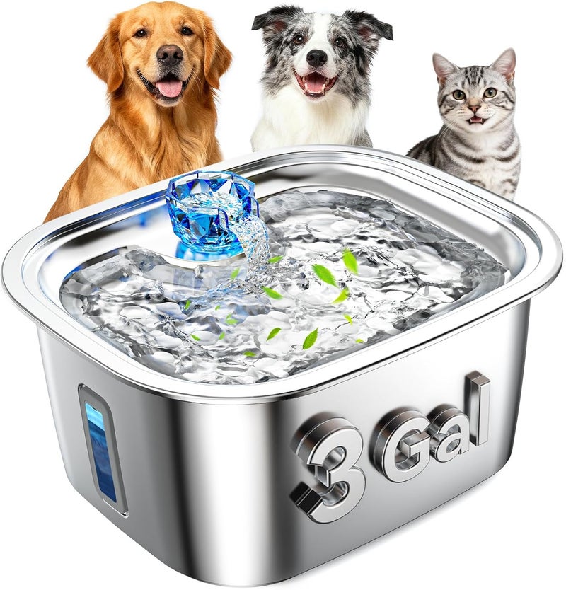 petnf Dog Water Fountain for Large Dogs Stainless Steel, 3Gal Extra Large Dog Water Bowl Dispenser with 2 Filters & Visual Window, Automatic Filtered Pet Fountain Indoor, Quiet Safe Pump with LED Indicator - Image 1